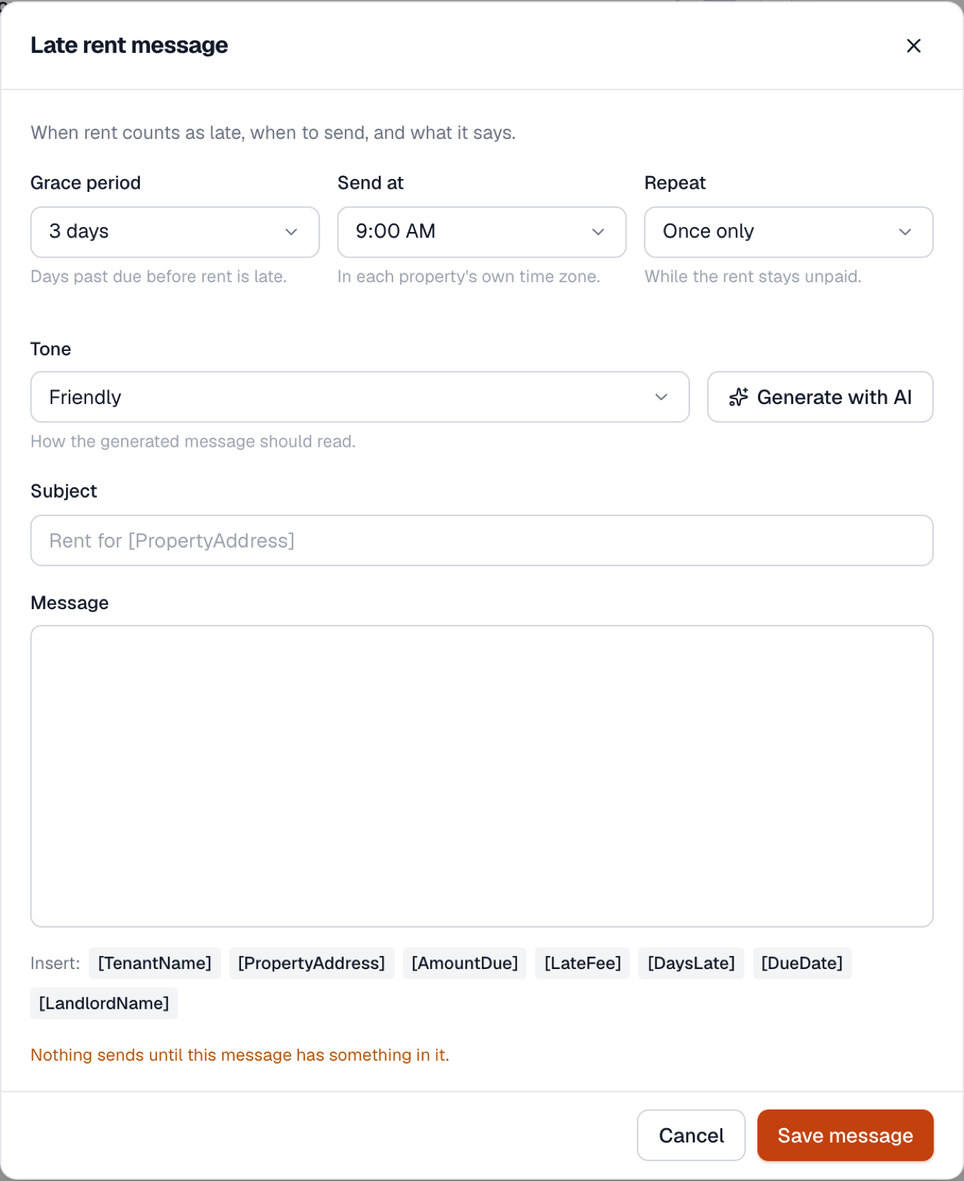 Late rent message editor with tone selection and a Generate with AI button